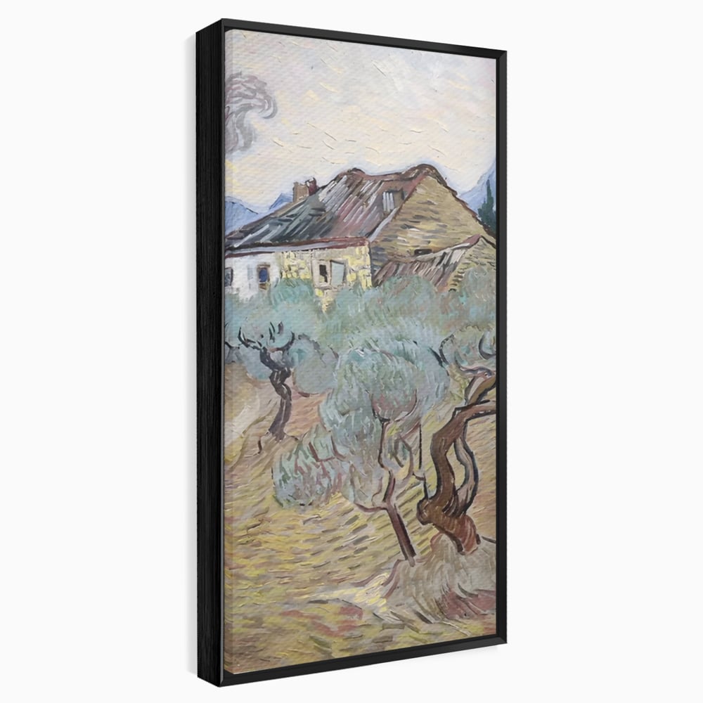 Tablou canvas cu pictura cu maslini si casa rurala, in rama de aluminiu negru